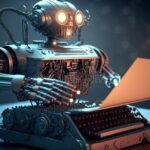 Roboter mit leuchtenden Augen schreibt an einer mechanischen Schreibmaschine