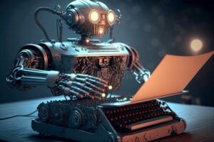 Roboter mit leuchtenden Augen schreibt an einer mechanischen Schreibmaschine